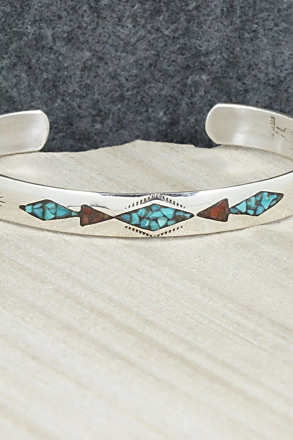 Turquoise, Coral Chip Inlay & Sterling Silver Bracelet - Jolene Yazzie