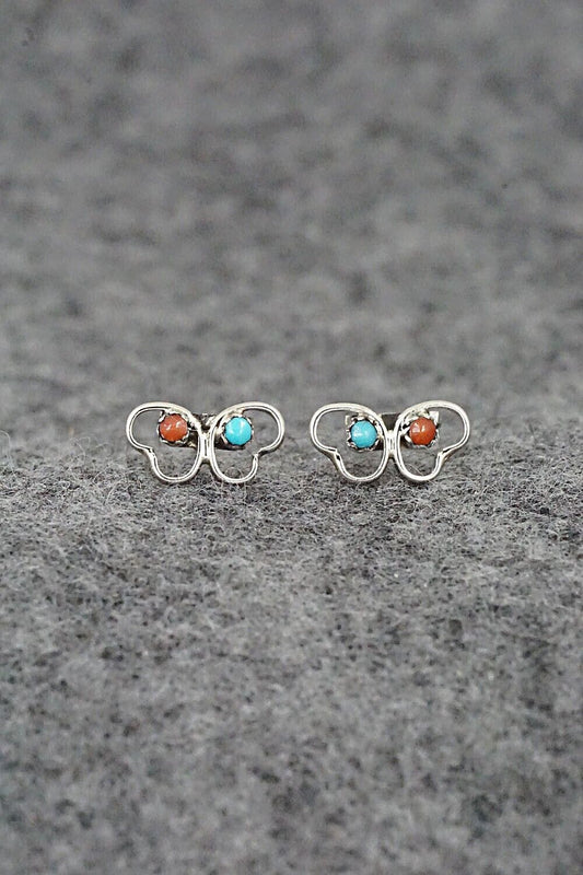Turquoise, Coral & Sterling Silver Earrings - Dorothy Natachu