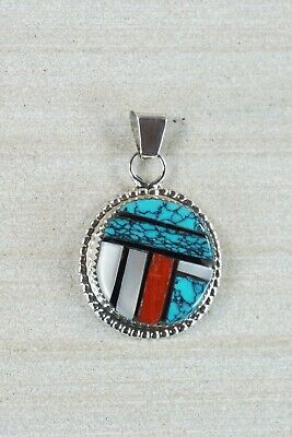 Zuni Inlay Turquoise and Coral Sterling Silver Pendant - Wayne Haloo
