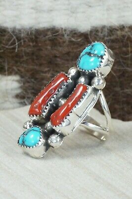 Turquoise & Coral Sterling Silver Ring - Betty House - Size 7.5