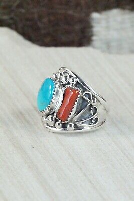 Turquoise, Coral & Sterling Silver Ring - Jeanette Saunders - Size 10