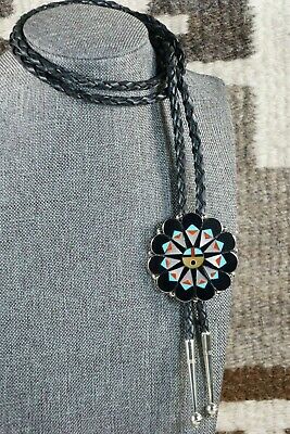 Zuni Inlay Turquoise & Sterling Silver Sunface Bolo Tie - Delwin Gasper - High Lonesome Trading