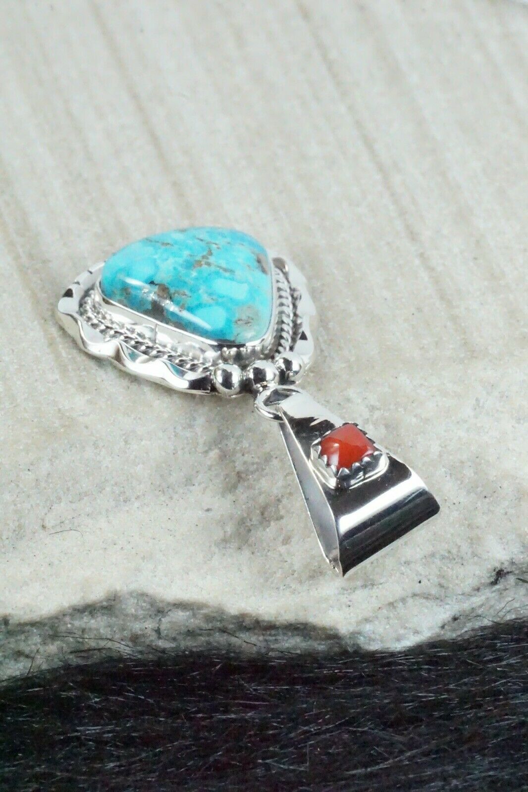 Turquoise, Coral and Sterling Silver Pendant - Navajo - High Lonesome Trading