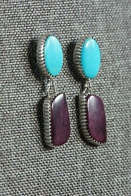 Navajo Turquoise & Spiny Oyster Sterling Silver Earrings - Alvin Joe - High Lonesome Trading