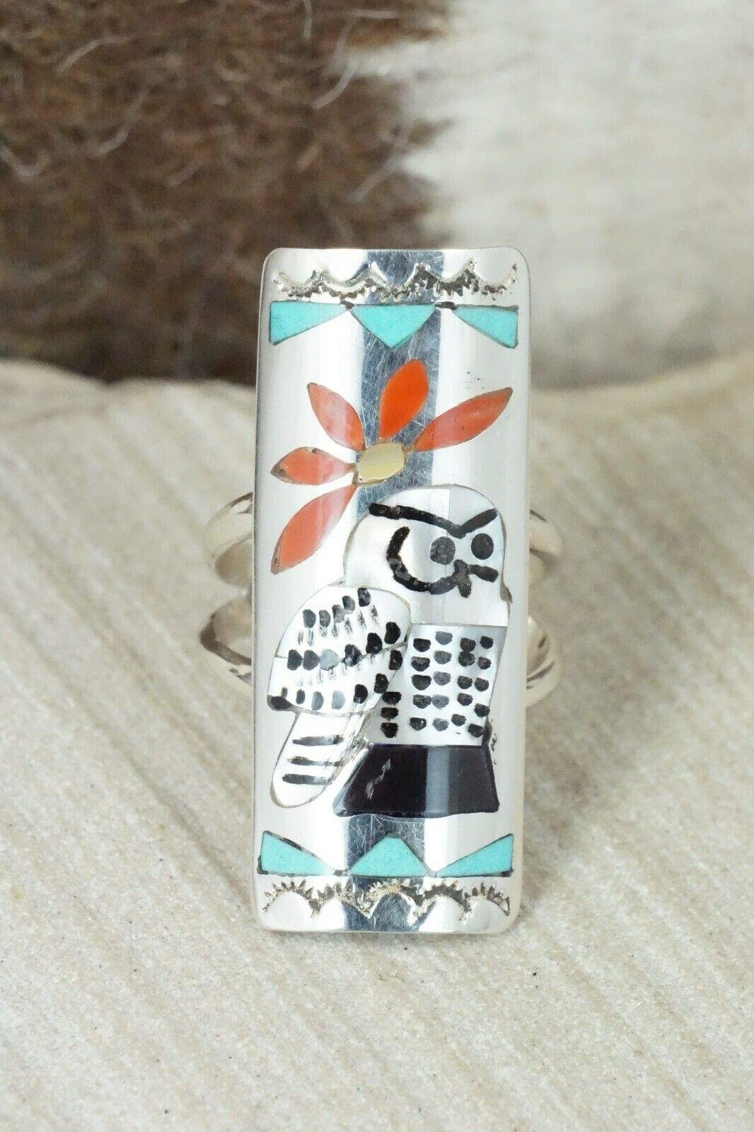 Multi Stone Inlay & Sterling Silver Ring - Quintin Quam Sr - Size 7.25