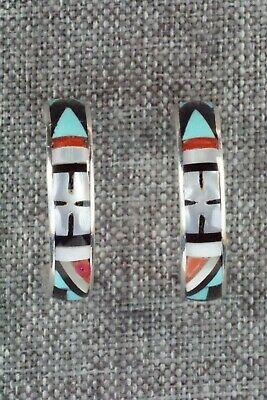 Multi Stone Inlay & Sterling Silver Hoop Earrings - Delberta Boone - High Lonesome Trading