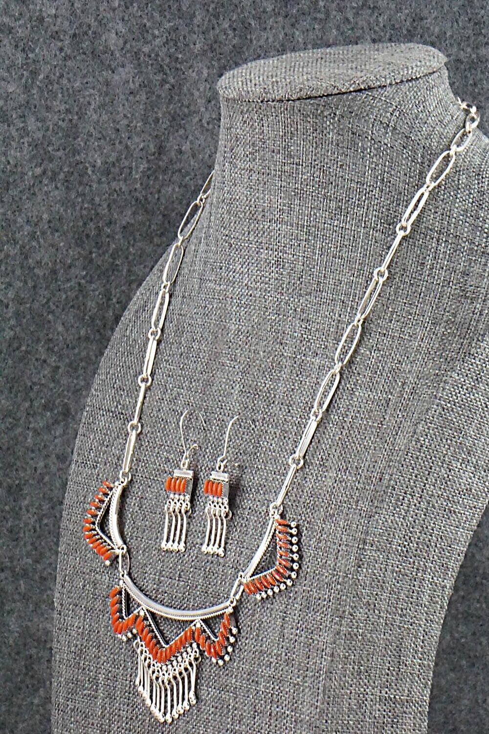 Coral & Sterling Silver Necklace and Earrings Set - Stewart Nakatewa