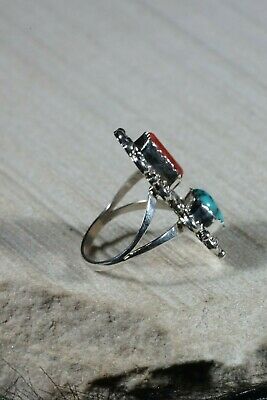 Navajo Turquoise and Coral Sterling Silver Ring - Freda Martinez - Size 6.5 - High Lonesome Trading
