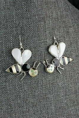 Zuni Mother of Pearl and Onyx Honeybee Sterling Silver Earrings - Angus Ahiyite - High Lonesome Trading