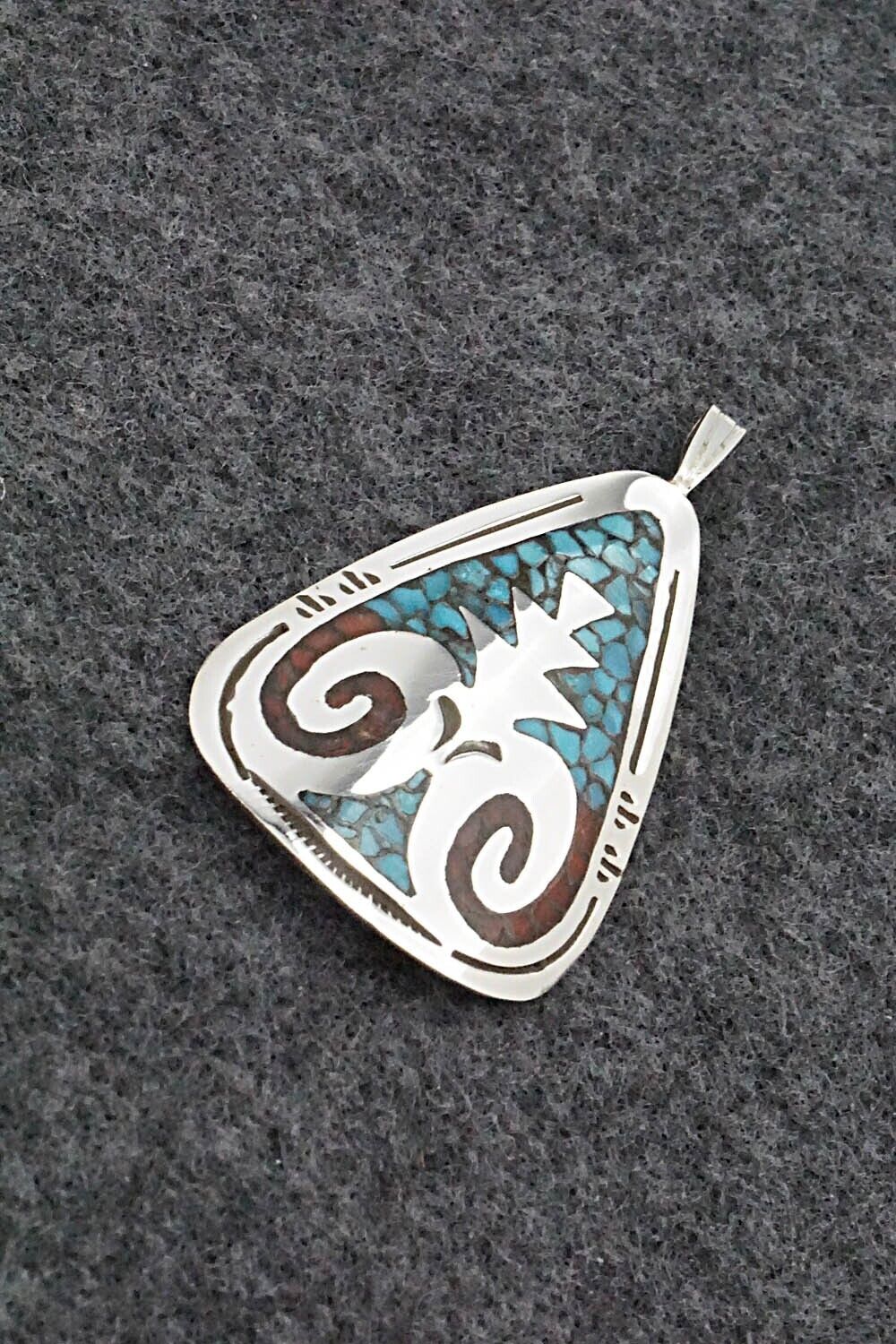 Turquoise, Coral and Sterling Silver Pendant - Jolene Yazzie