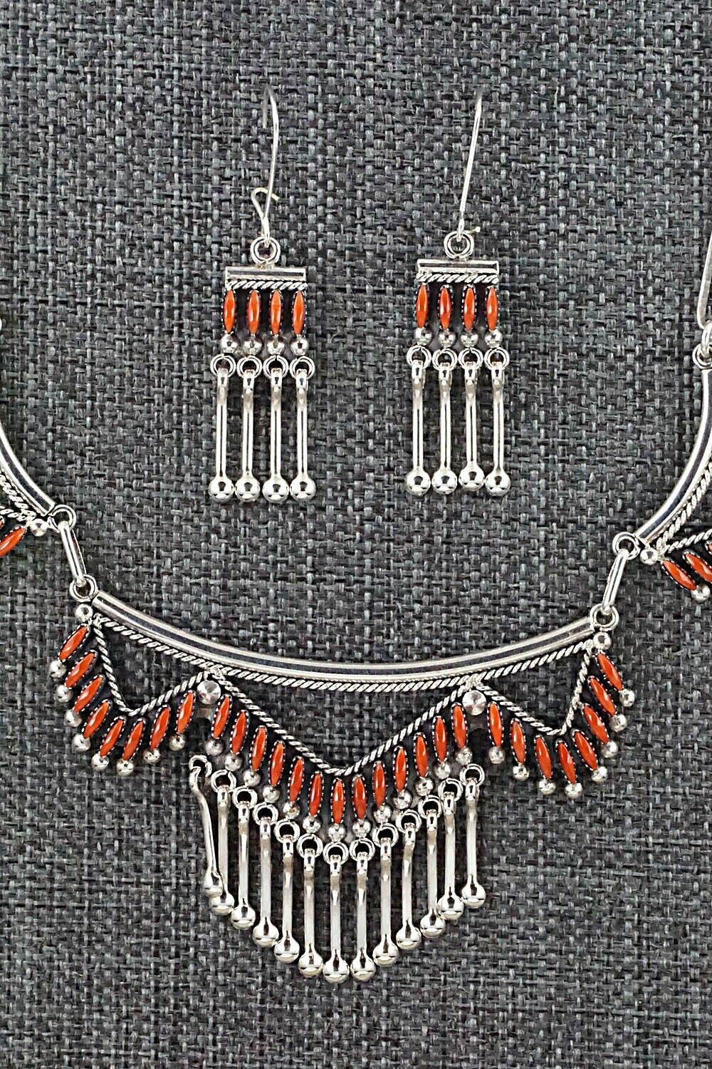 Coral & Sterling Silver Necklace and Earrings Set - Stewart Nakatewa