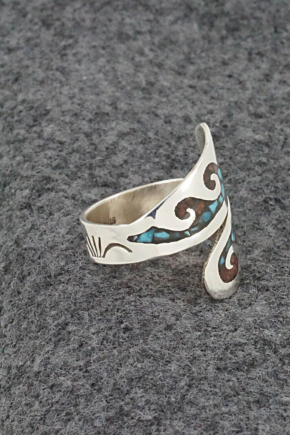 Turquoise, Coral & Sterling Silver Ring - Jolene Yazzie - Size 8