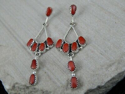 Zuni Coral & Sterling Silver Earrings - Claudine Penketewa - High Lonesome Trading