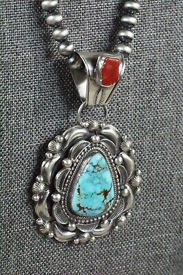 Turquoise, Coral Pendant & Sterling Silver Necklace - Tom Lewis