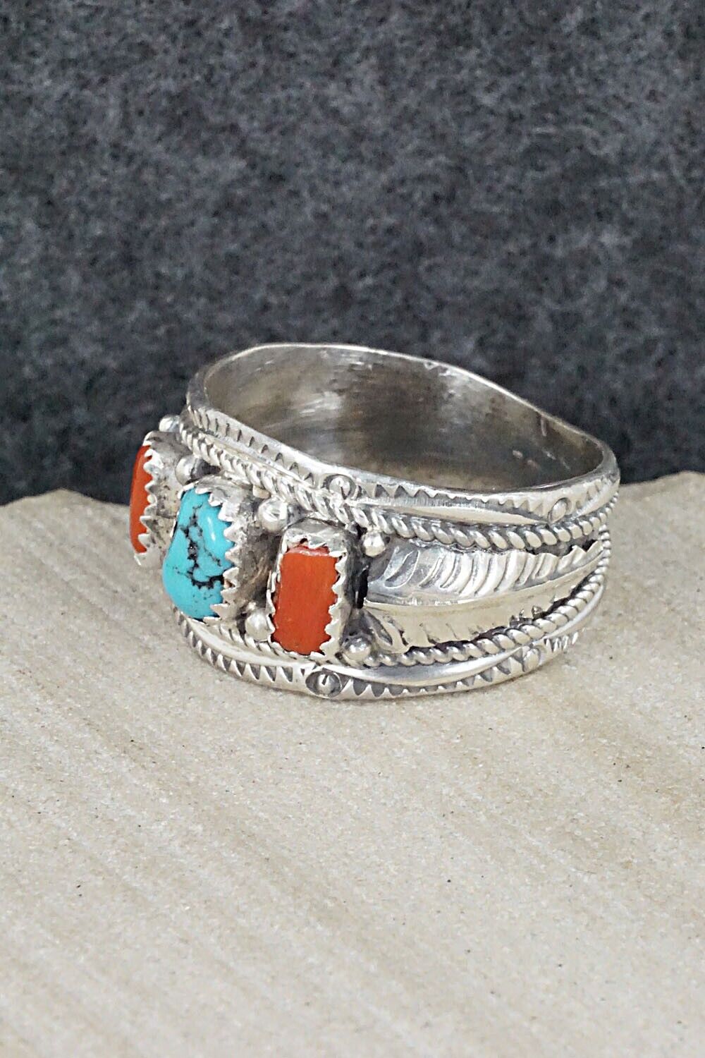 Turquoise, Coral and Sterling Silver Ring - Betty Begay - Size 12